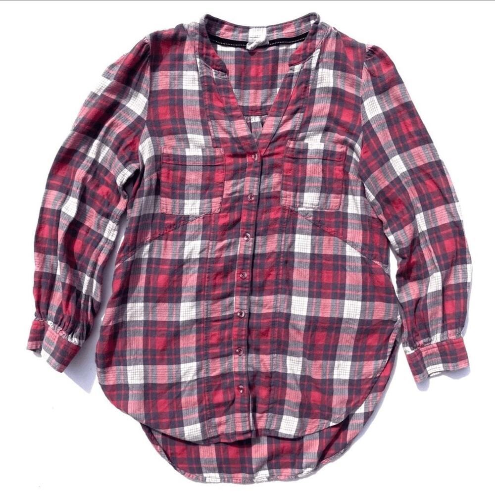 Anthropologie Shirt Womens 6 Red Tartan Plaid Oversized Flowy Flannel Button Up